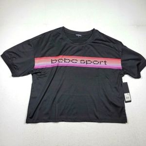 BEBE Sport Logo Cropped Shirt XL Black Polyester Spandex New